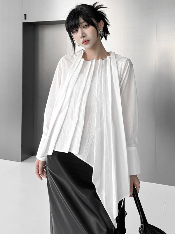 Asymmetric Pleated Solid Color Hipster Irregularity Round-Neck Blouses&Shirts Tops
