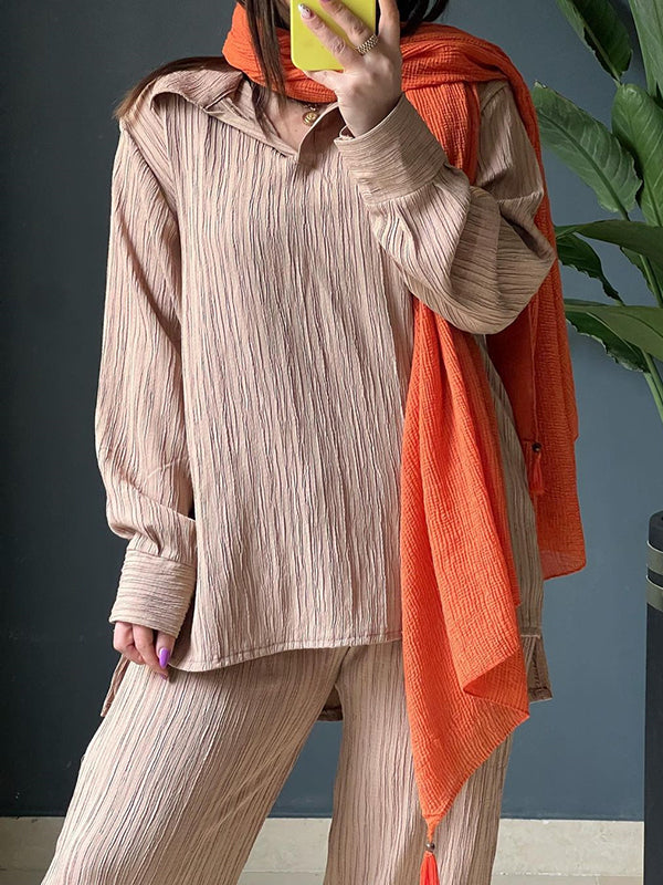 Lapel Pleated Solid Color High-Low Long Sleeves Split-Side Shirts Top + Pants Bottom Two Pieces Set