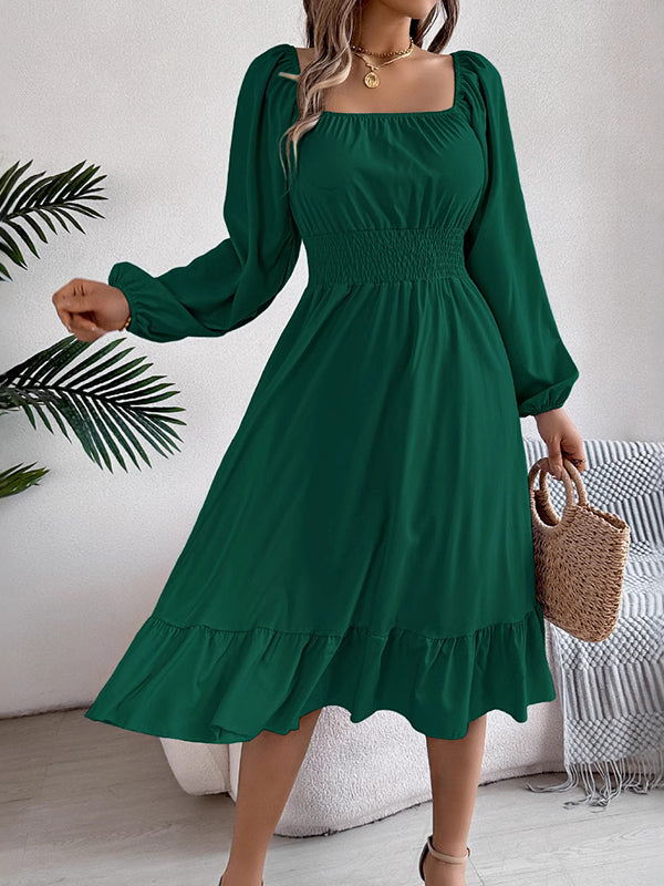 Pleated Ruffled Solid Color A-Line Elasticated Waist Square-Neck Midi Dresses