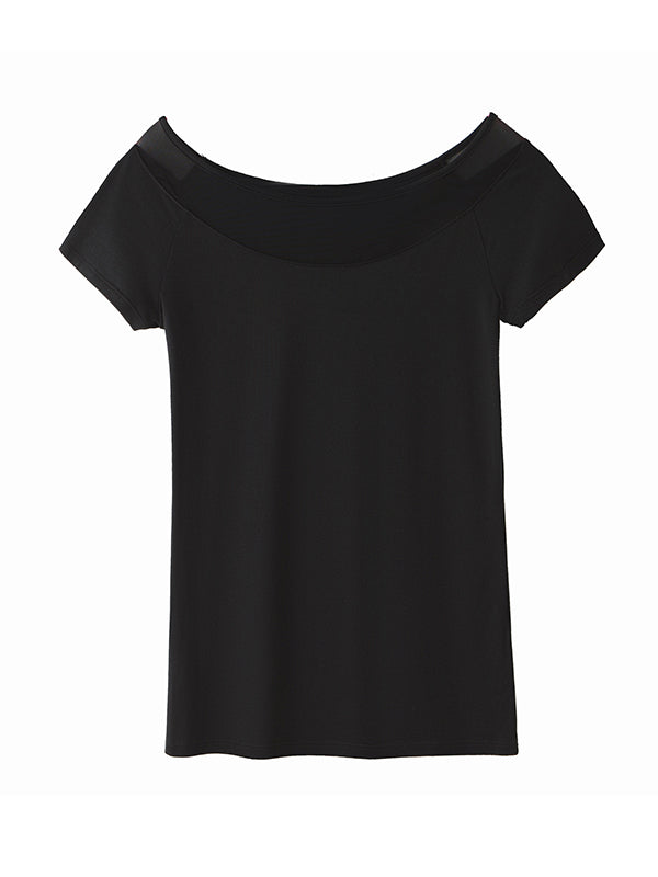 Gauze See-Through Split-Joint Short Sleeves Skinny Boat Neck T-Shirts
