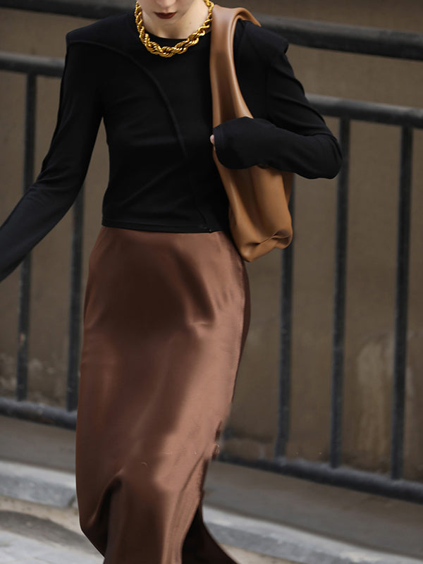 Asymmetric Shoulder Pad Solid Color Split-Joint Long Sleeves Skinny Round-Neck T-Shirts Tops