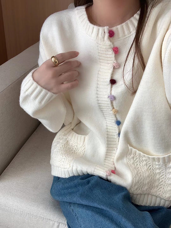 Buttoned Contrast Color Pockets Long Sleeves Loose Round-Neck Cardigan Tops