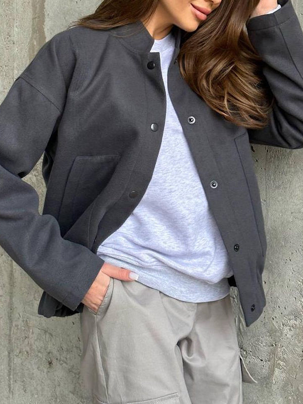 Buttoned Elasticity Pockets Solid Color Split-Joint Long Sleeves Loose Stand Collar Outerwear Jackets