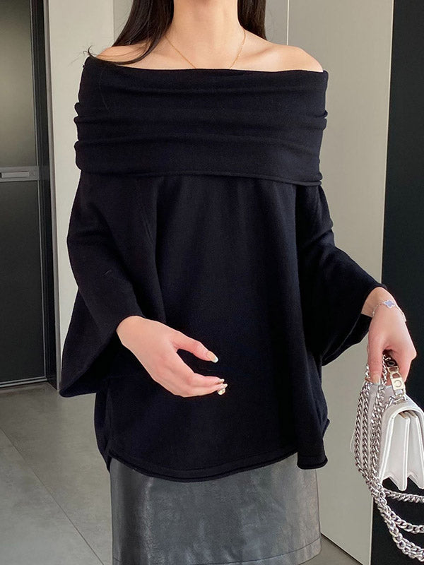 Solid Color Batwing Sleeves Flared Sleeves Off-the-shoulder Knit Top