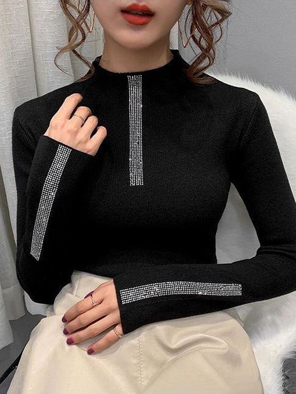 Long Sleeves Skinny Rhine Stones High Neck Pullovers Sweater Sweater Tops