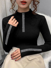 Long Sleeves Skinny Rhine Stones High Neck Pullovers Sweater Sweater Tops