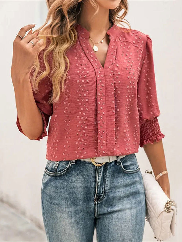 Elasticity Jacquard Solid Color Split-Joint Half Sleeves Loose V-Neck T-Shirts Tops