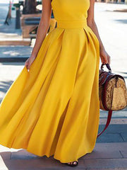 Pleated Solid Color Split-Joint A-Line Loose Round-Neck Maxi Dresses