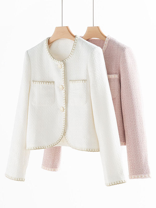 Buttoned Pockets Split-Joint Long Sleeves Loose Round-neck Outerwear