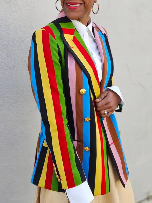 Buttoned Colorful Contrast Color Striped Long Sleeves Notched Collar Outerwear Blazer