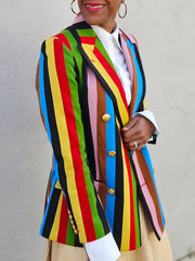 Buttoned Colorful Contrast Color Striped Long Sleeves Notched Collar Outerwear Blazer