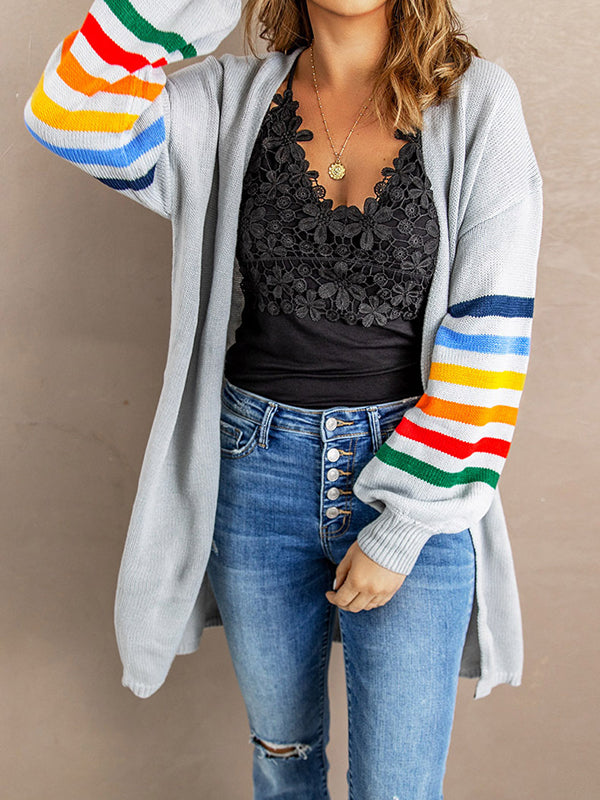 Colorful Contrast Color Striped Long Sleeves Loose Collarless Cardigan Tops