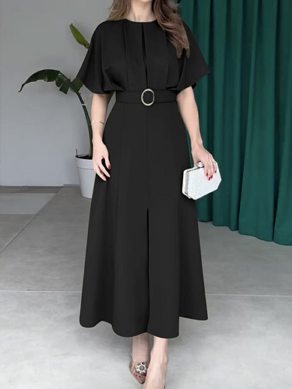 Loose Raglan Sleeve Pleated Split-Front Split-Joint Tied Waist Round-Neck Maxi Dresses