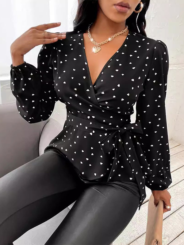 Heart Print Tied Waist Long Sleeves Puff Sleeves Deep V-Neck Blouses&shirts Tops
