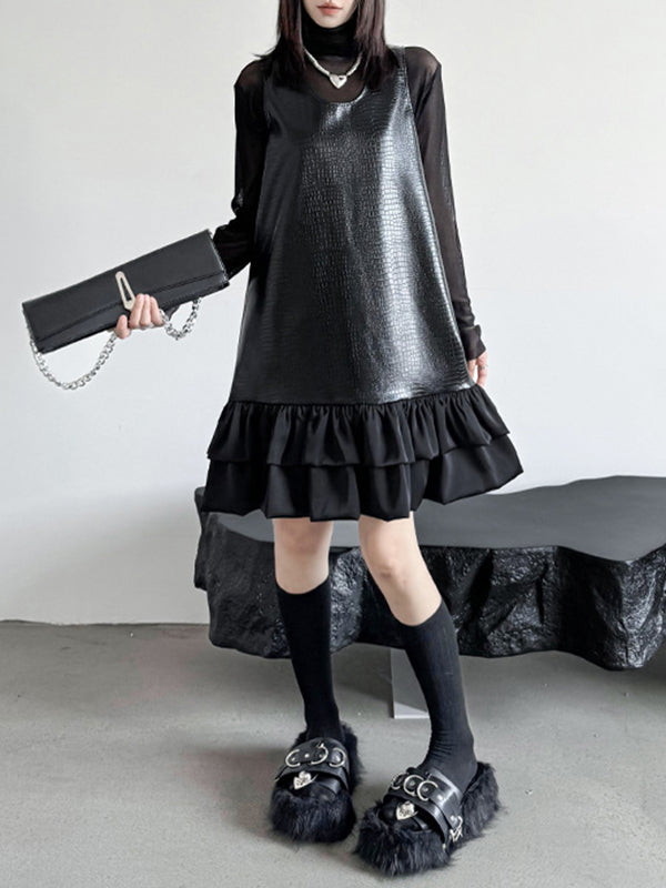 Pleated Split-Joint A-Line Loose U-Neck Mini Dresses