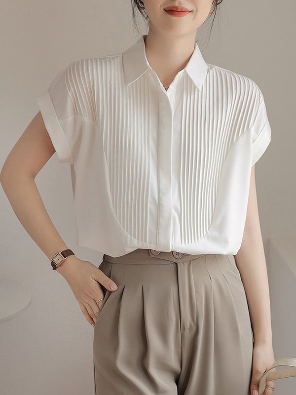 Buttoned Pleated Solid Color Split-Joint Loose Short Sleeves Lapel Blouses&Shirts Tops