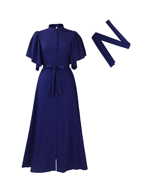 Pleated Solid Color Split-Joint Tied Waist Flared Sleeves Loose Stand Collar Shirt Dress Maxi Dresses
