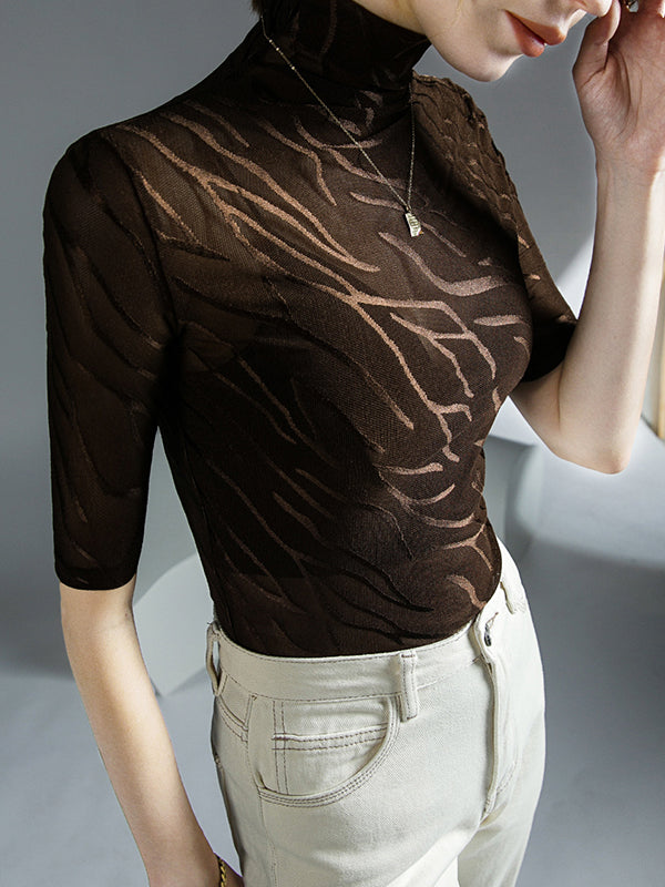 See-Through Half Sleeves Plus Size High Neck T-Shirts Tops