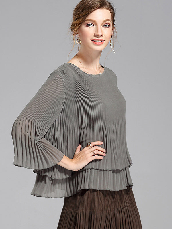 Original Loose Solid Color Pleated Falbala T-Shirt Top