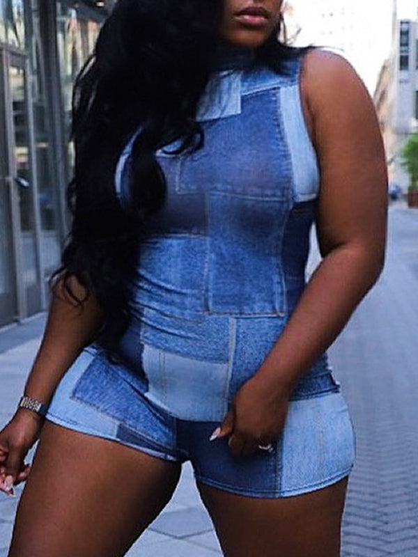 Printed Bodycon Sleeveless Mock Neck Rompers