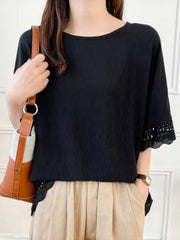 Hollow Solid Color Flared Sleeves Half Sleeves Round-Neck T-Shirts Tops
