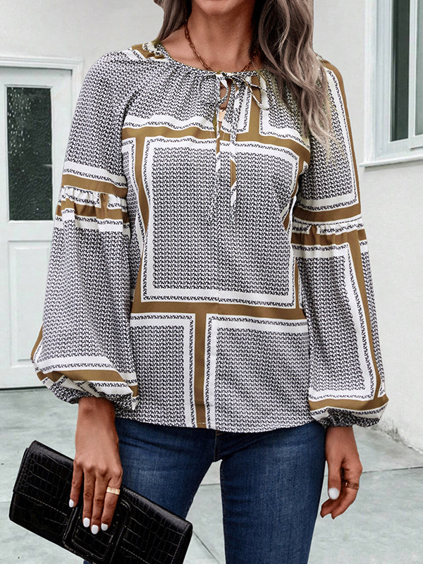 Elasticity Print Tied Long Sleeves Loose V-Neck Blouses&Shirts Tops