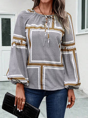 Elasticity Print Tied Long Sleeves Loose V-Neck Blouses&Shirts Tops