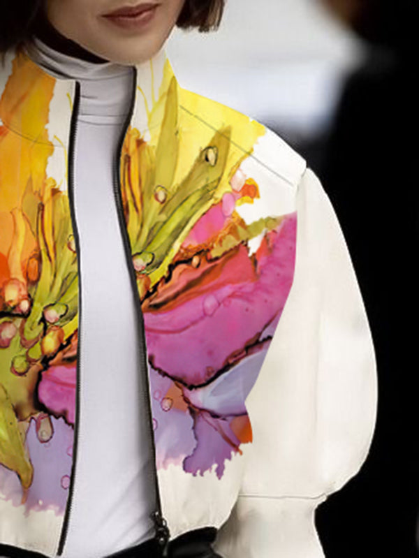 Asymmetric Floral Printed Split-Joint Loose Puff Sleeves High Neck Outerwear