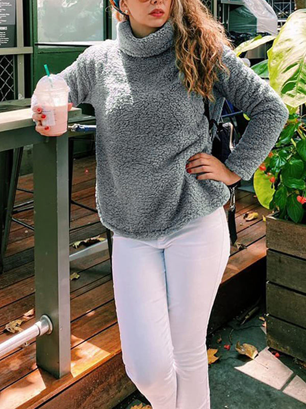 Solid Color Split-Joint Long Sleeves Loose High Neck Sweatshirt Tops
