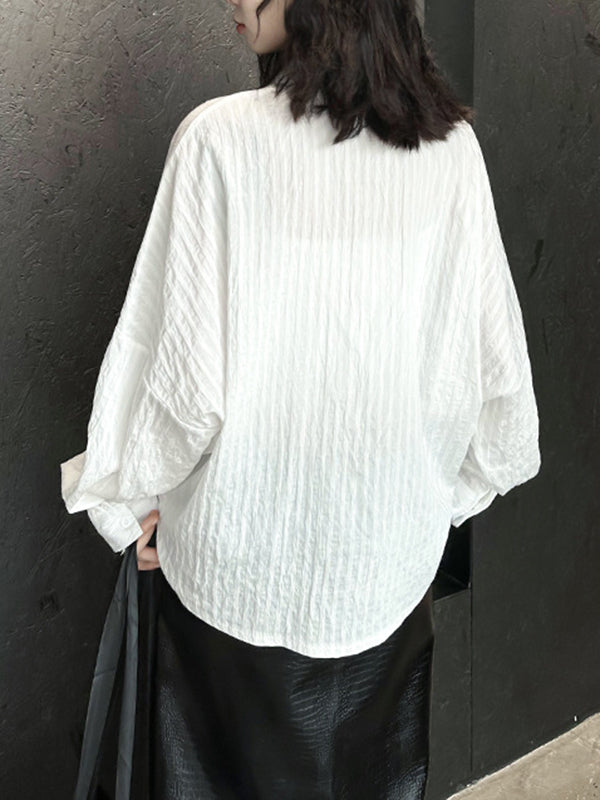Buttoned Solid Color Long Sleeves Loose Lapel Blouses&Shirts Tops