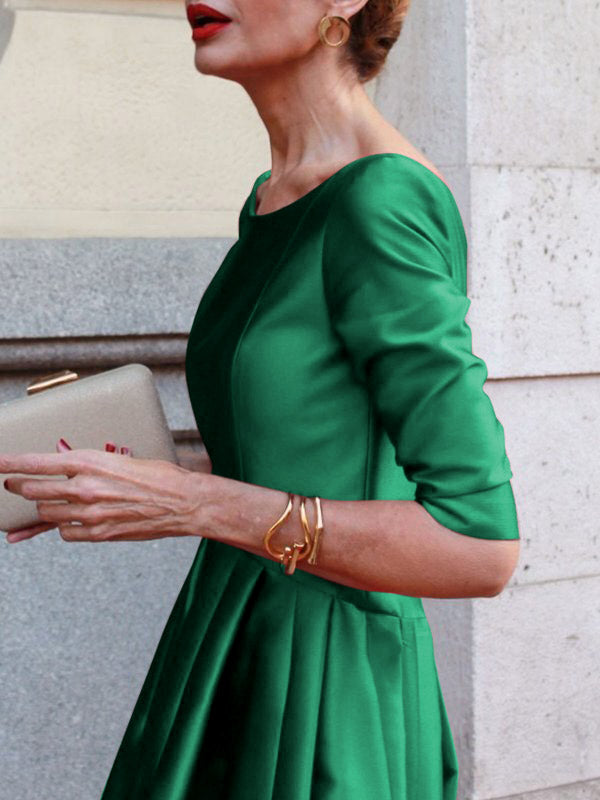 Pleated Pockets Solid Color Split-Joint A-Line Loose Round-Neck Midi Dresses