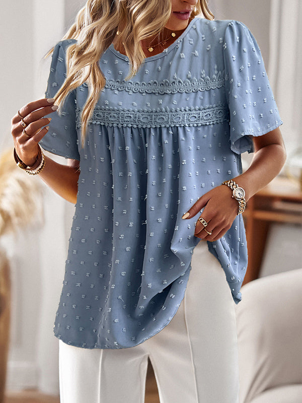 Hollow Jacquard Pleated Solid Color Split-Joint Loose Short Sleeves Round-Neck T-Shirts Tops