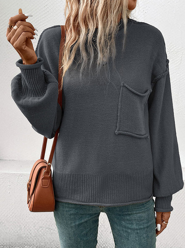 Pockets Solid Color Split-Joint Long Sleeves Loose Round-Neck Sweater Tops Pullovers