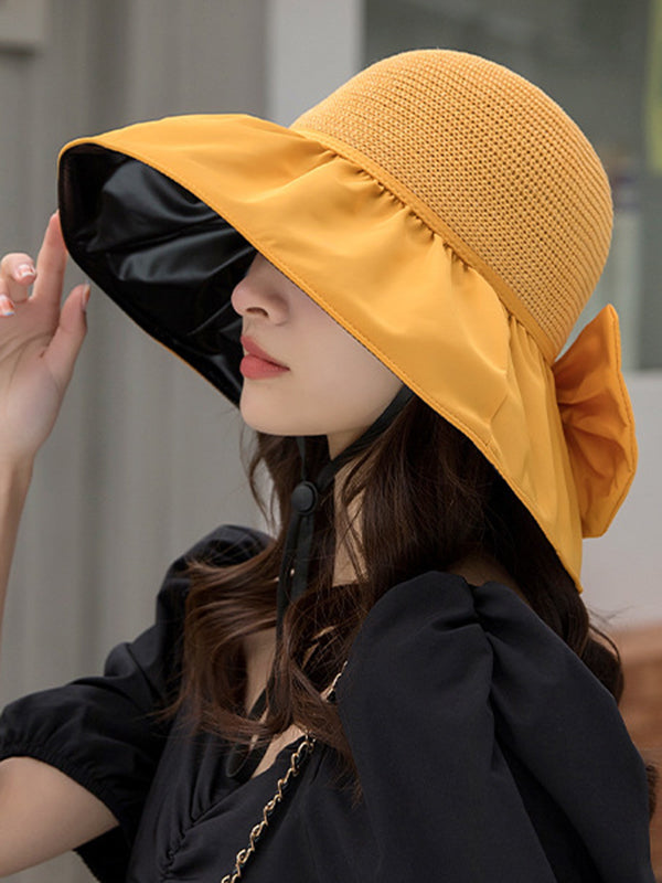 Bow-Embellished Split-Joint Sun protection Sun Hat Fisherman Hat