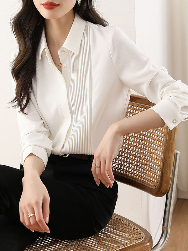 Buttoned Pleated Solid Color Long Sleeves Loose Lapel Blouses&Shirts Tops