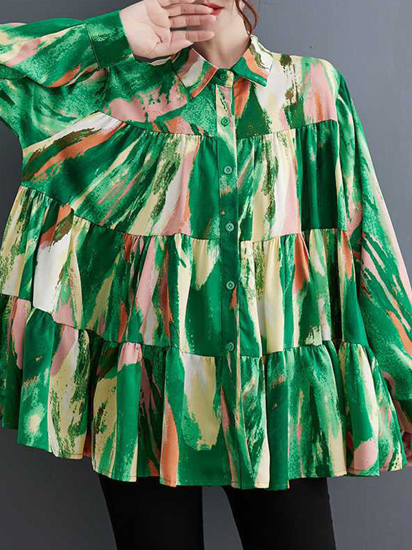 Pleated Printed Split-Joint Long Sleeves Loose Lapel Blouses