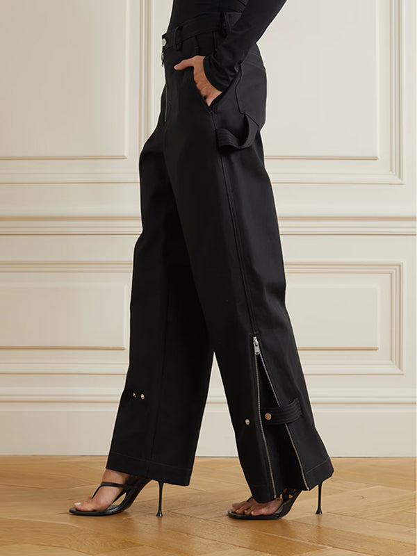 Solid Zip-Detailed Wide Leg Pants