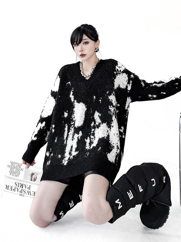 Abstract Printed Contrast Color Ribs Split-Joint Long Sleeves Loose V-Neck Sweater Tops