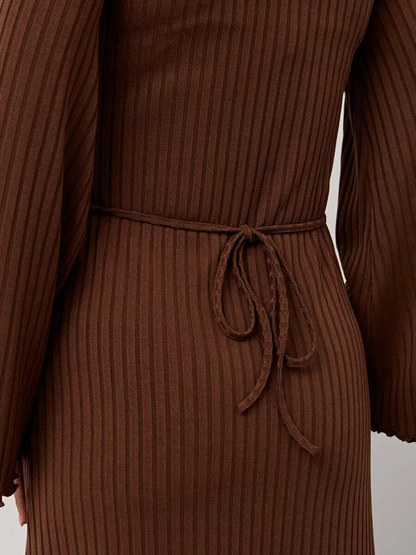 Pleated Ruffled Solid Color Split-Joint Long Sleeves Round-neck Maxi Dresses