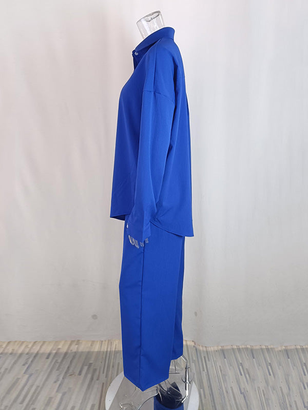 Lapel Long Sleeves Buttoned Pockets Solid Color Shirts Top + Elasticity High Waisted Pants Bottom Two Pieces Set