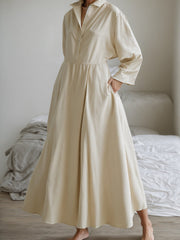 Buttoned Solid Color Split-Joint Long Sleeves Loose Lapel Shirt Dress Midi Dresses