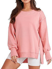 Fringed Solid Color Split-Joint Split-Side High-Low Long Sleeves Round-Neck Sweatershirt