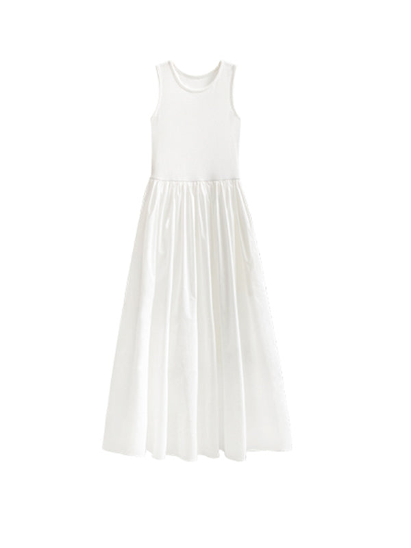 Pleated Pockets Solid Color Split-Joint High Waisted Sleeveless Round-Neck Midi Dresses