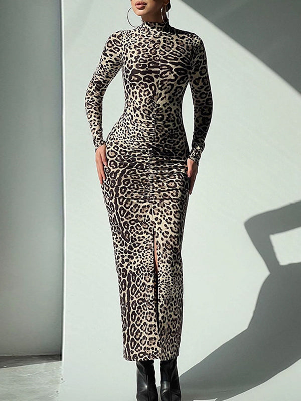 Leopard Pleated Printed Split-Front Bodycon Long Sleeves High Neck Maxi Dresses