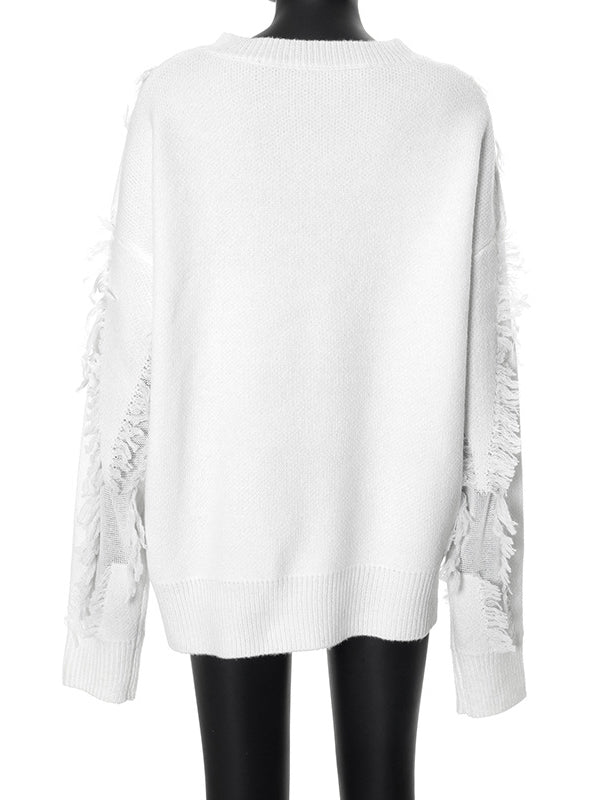 Solid Color Tasseled Long Sleeves Loose Round-Neck Sweater Tops Pullovers