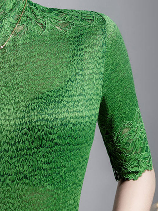 Slightly Sheer Split-Joint Textured False Two Half Sleeves High Neck T-Shirts Tops