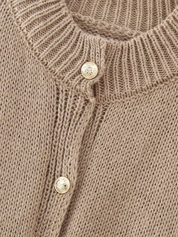 Buttoned Split-Joint Loose Puff Sleeves Round-neck Cardigan Tops