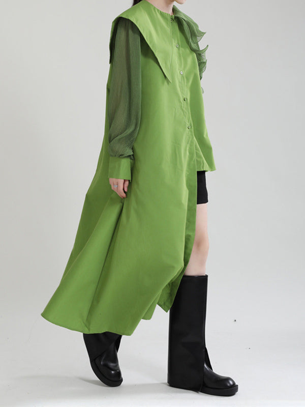 Asymmetric Pleated Solid Color Split-Joint Falbala Long Sleeves Loose Lapel Blouses&shirts Tops