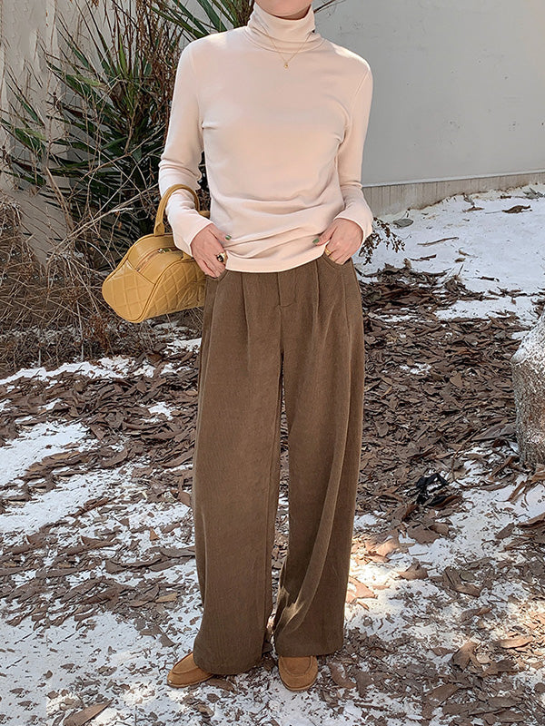 High-Waisted Pleated Solid Color Split-Joint Loose Wide Leg Trousers Pants
