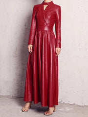 Hollow Solid Color Long Sleeves High-Neck Maxi Dresses